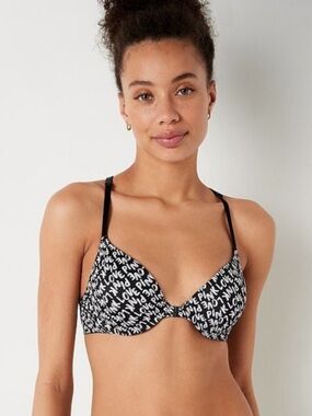 PINK Victoria's Secret Black Bra with White 'LOVE' Print Strappy Back 42DD